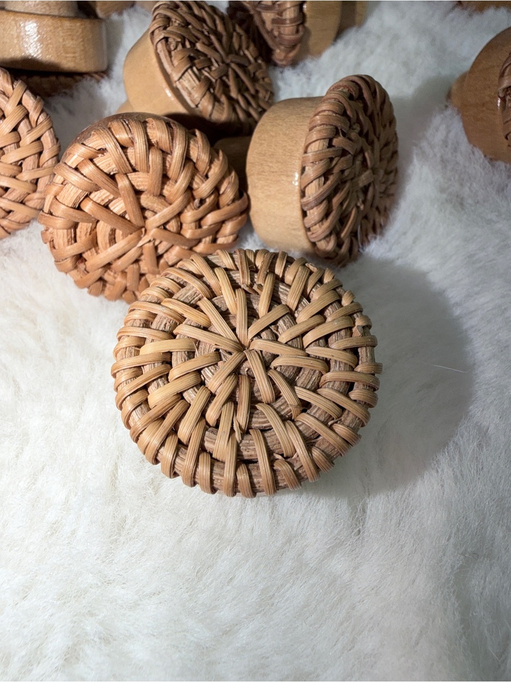 16 Woven Rattan 1” Wood Drawer Pulls - Set of Decorative Knobs Boho Hippie 🔥 - Picture 2 of 2